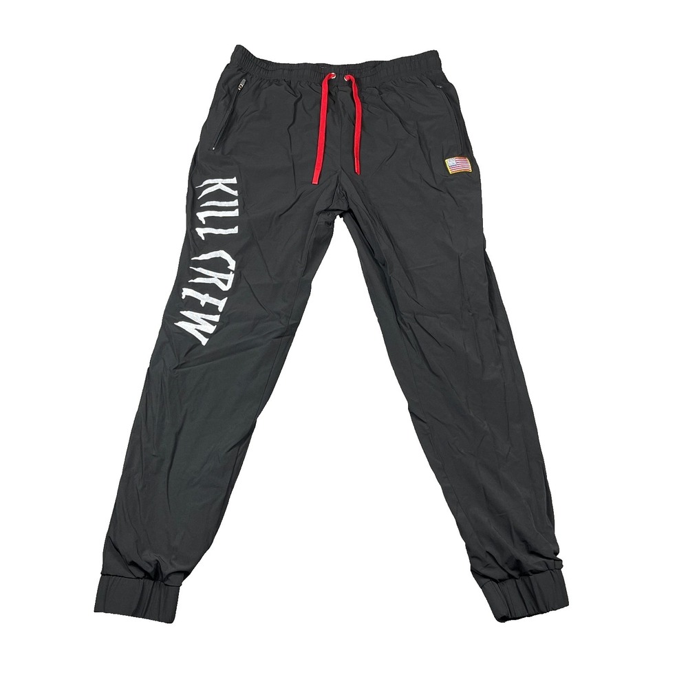 Kill Crew Jogger Pants Mens Large Black Nylon Zip Pockets USA Flag Athletic